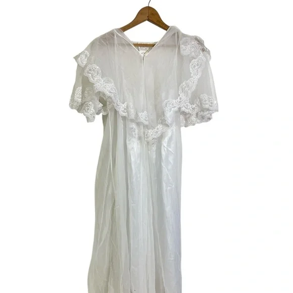 Vintage Appel Nightgown Robe Full Length Set Medium Sheer Beaded Lace White - Picture 7 of 11